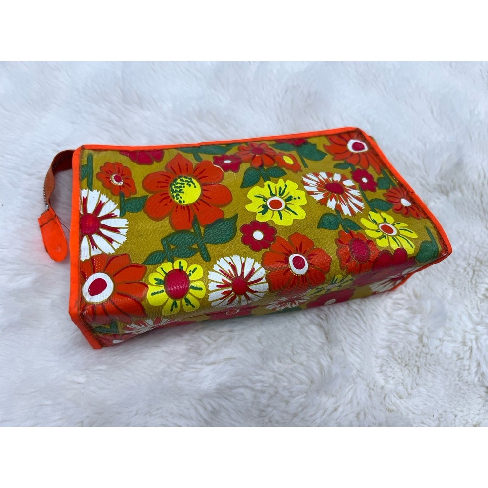 VTG Retro Flower Power Groovy Orange Green Make Up Bag Case Toiletries Mod